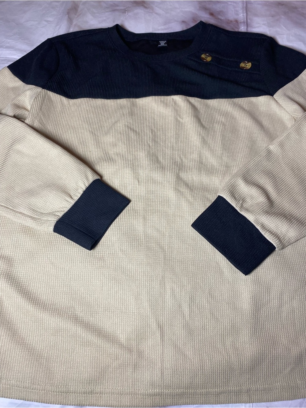 SHEIN Navy and Cream Two-Tone Long Sleeve Knit Top with Button Detail